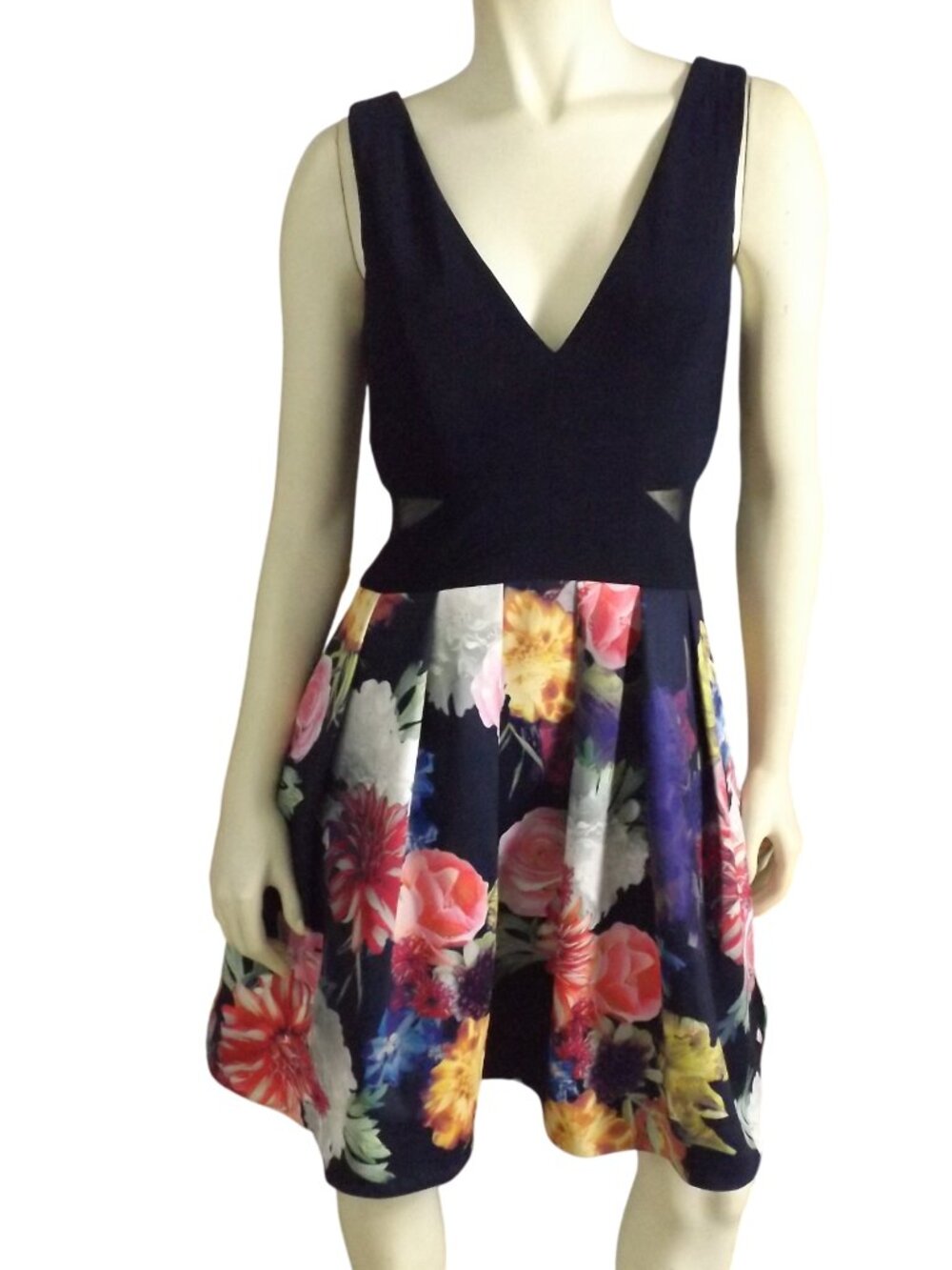 XSCAPE Mini Dress, 8, Blue/Floral, Mesh inserts, F&F Skirt, Sleeveless, V-neck
